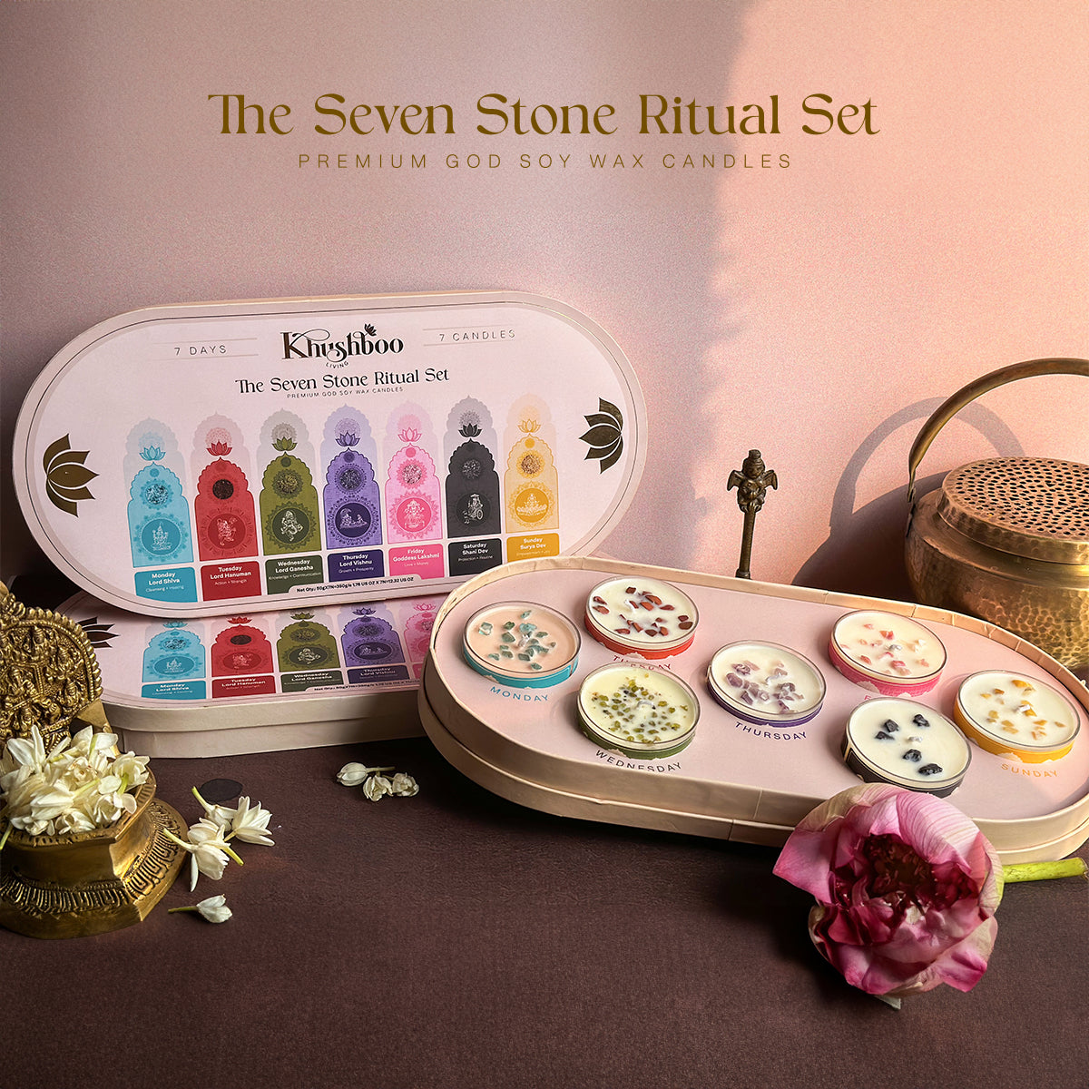 The 7 Hindu God Scented Candle Ritual Set | Luxury Gift Set with Real Gemstone Crystals